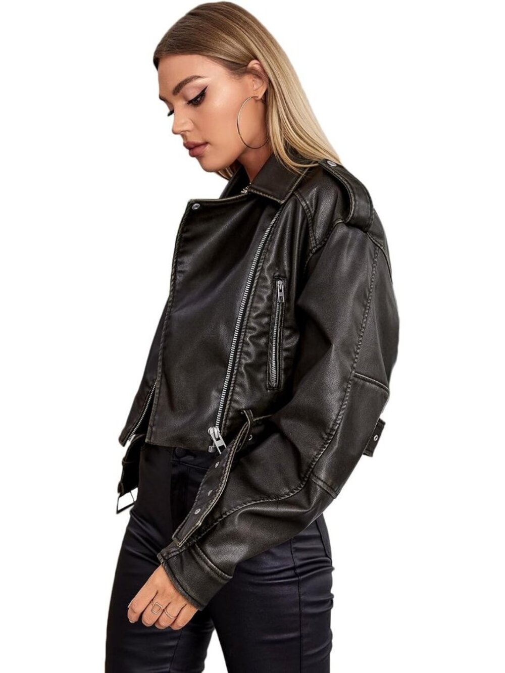 Women's Dark Green Leather Asymmetric Belted Zipper Biker Cropped Bomber Jacket - Picture 2 of 6